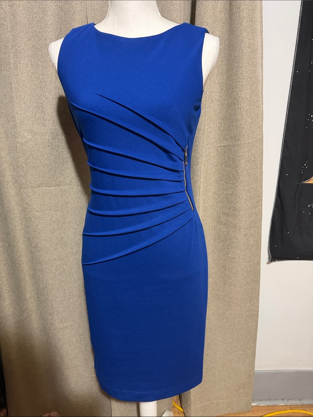 Ivanka Trump Royal Blue Sleeveless Sheath Dress with Asymmetric Pleats